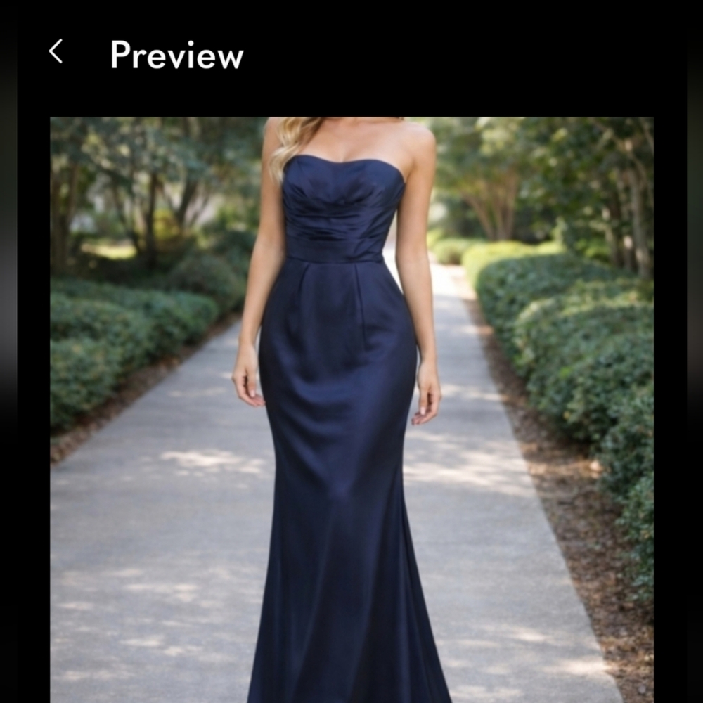 David’s Bridal Navy Satin Strapless Bridesmaid Formal Gown Sweetheart Size 8